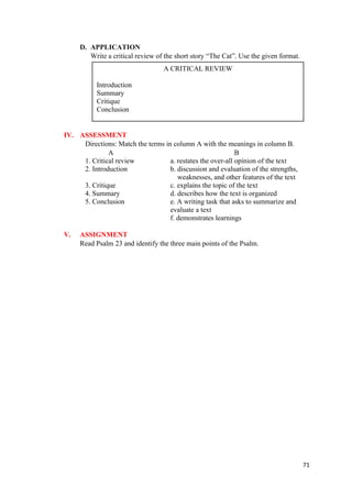 D. APPLICATION
Write a critical review of the short story “The Cat”. Use the given format.
IV. ASSESSMENT
Directions: Match the terms in column A with the meanings in column B.
A B
1. Critical review a. restates the over-all opinion of the text
2. Introduction b. discussion and evaluation of the strengths,
weaknesses, and other features of the text
3. Critique c. explains the topic of the text
4. Summary d. describes how the text is organized
5. Conclusion e. A writing task that asks to summarize and
evaluate a text
f. demonstrates learnings
V. ASSIGNMENT
Read Psalm 23 and identify the three main points of the Psalm.
71
A CRITICAL REVIEW
Introduction
Summary
Critique
Conclusion
 