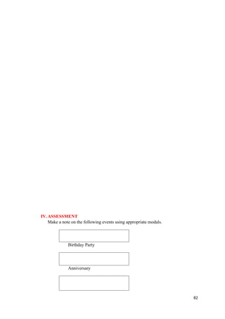 IV.ASSESSMENT
Make a note on the following events using appropriate modals.
Birthday Party
Anniversary
82
 
