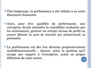  Très longtemps, la performance a été réduite à sa seule 
dimension financière. 
 Ainsi,  pour  être  qualifiée  de  performante,  une 
entreprise devait atteindre la rentabilité souhaitée par 
les actionnaires, générer un certain niveau de profit ou 
encore  détenir  la  part  de  marché  qui  préserverait  sa 
pérennité.
 La  performance  est  dès  lors  devenue  progressivement 
multidimensionnelle  ;  chacun,  selon  la  position  qu’il 
occupe  par  rapport  à  l’entreprise,  ayant  sa  propre 
définition de cette notion. 18
 