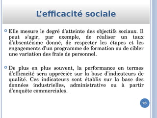 L’efficacité socialeL’efficacité sociale
 Elle mesure le degré d’atteinte des objectifs sociaux. Il 
peut  s’agir,  par  exemple,  de  réaliser  un  taux 
d’absentéisme  donné,  de  respecter  les  étapes  et  les 
engagements d’un programme de formation ou de cibler 
une variation des frais de personnel.
 De  plus  en  plus  souvent,  la  performance  en  termes 
d’efficacité sera appréciée sur la base d’indicateurs de 
qualité.  Ces  indicateurs  sont  établis  sur  la  base  des 
données  industrielles,  administrative  ou  à  partir 
d’enquête commerciales.
28
 
