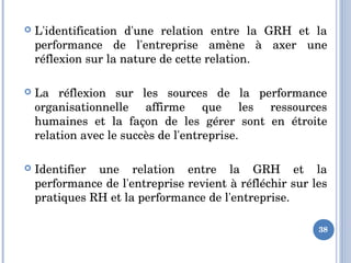  L'identification  d'une  relation  entre  la  GRH  et  la 
performance  de  l'entreprise  amène  à  axer  une 
réflexion sur la nature de cette relation.
 La  réflexion  sur  les  sources  de  la  performance 
organisationnelle  affirme  que  les  ressources 
humaines  et  la  façon  de  les  gérer  sont  en  étroite 
relation avec le succès de l'entreprise. 
 Identifier  une  relation  entre  la  GRH  et  la 
performance de l'entreprise revient à réfléchir sur les 
pratiques RH et la performance de l'entreprise. 
38
 