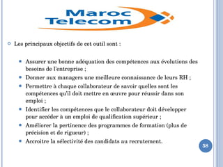  Les principaux objectifs de cet outil sont :
 Assurer une bonne adéquation des compétences aux évolutions des 
besoins de l’entreprise ;
 Donner aux managers une meilleure connaissance de leurs RH ;
 Permettre à chaque collaborateur de savoir quelles sont les 
compétences qu’il doit mettre en œuvre pour réussir dans son 
emploi ;
 Identifier les compétences que le collaborateur doit développer 
pour accéder à un emploi de qualification supérieur ;
 Améliorer la pertinence des programmes de formation (plus de 
précision et de rigueur) ;
 Accroitre la sélectivité des candidats au recrutement.
58
 