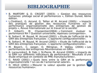 B. MARTORY & D. CROZET (2003): « Gestion des ressources
humaines: pilotage social et performances », Édition Dunod, 6ème
édition.
 L.Chrétien1, G. Arcand, G. Tellier et M. Arcand (2005) : « Impacts
des pratiques de gestion des ressources humaines sur la
performance organisationnelle des entreprises de gestion de
projets », Revue internationale sur le travail et la société.
 P. Gilbert1, M. Charpentier(2004): « Comment évaluer la
performance RH ? Question universelle, réponses contingentes».
 N. Soltan1, M. Bayad, M. Arcand (2002): « Etude de l’efficacité de la
GRH des entreprises françaises : L’approche configurationnelle».
 N. Soltan1, M. Bayad, M. Arcand (2002): « Etude de l’efficacité de la
GRH des entreprises françaises : L’approche configurationnelle».
 M. Boyer1, C. Jaeger, O. Mérignac, P. Valéau (2004): « Les
performances des entreprises Réunionnaises en GRH».
 R. Lacoursière1, B. Fabi, J. St-Pierre, M. Arcand (2000): « Impacts de
la GRH sur différents indicateurs de performance : Résultats d’une
étude empirique en contexte de PME manufacturières».
 G. RAAD (2001): « Quels liens entre la GRH et la performance
organisationnelle ? Le cas de l’actionnariat salarié».
 D. HELD (2001): « Mesurer la valeur ajoutée par la gestion des
ressources humaines».
BIBLIOGRAPHIEBIBLIOGRAPHIE
66
 