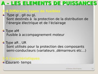 A – LES ELEMENTS DE PUISSANCES
A – LES ELEMENTS DE PUISSANCES
schémas électriques 18
3-4 Différents types de fusibles
Type gI , gII ou gL
Sont destinés à la protection de la distribution de
l’énergie électrique et de l’éclairage
Type aM
Fusible à accompagnement moteur
Type aR , UR
Sont utilisés pour la protection des composants
semi-conducteurs (variateurs ,démarreurs etc…)
3-5 Caractéristiques
Courant- temps
 
