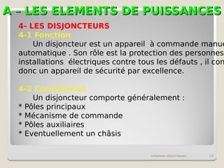 A – LES ELEMENTS DE PUISSANCES
A – LES ELEMENTS DE PUISSANCES
schémas électriques 22
4- LES DISJONCTEURS
4-1 Fonction
Un disjoncteur est un appareil à commande manue
automatique . Son rôle est la protection des personnes
installations électriques contre tous les défauts , il con
donc un appareil de sécurité par excellence.
4-2 Constitution
Un disjoncteur comporte généralement :
* Pôles principaux
* Mécanisme de commande
* Pôles auxiliaires
* Eventuellement un châsis
 