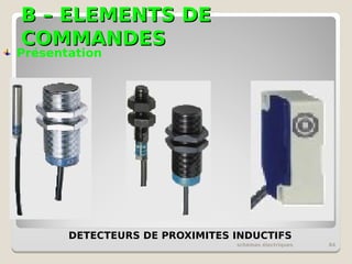 B – ELEMENTS DE
B – ELEMENTS DE
COMMANDES
COMMANDES
schémas électriques 84
DETECTEURS DE PROXIMITES INDUCTIFS
Présentation
 