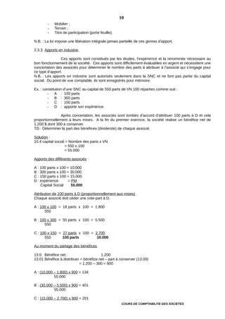 - Mobilier ;
- Terrain ;
- Titre de participation (porte feuille).
N.B. : La loi impose une libération intégrale jamais partielle de ces genres d’apport.
2.3.3. Apports en industrie.
Ces apports sont constitués par les études, l’expérience et la renommée nécessaire au
bon fonctionnement de la société. Ces apports sont difficilement évaluables en argent et nécessitent une
concertation des associés pour déterminer le nombre des parts à attribuer à l’associé qui s’engage pour
ce type d’apport.
N.B. : Les apports en industrie sont autorisés seulement dans la SNC et ne font pas partie du capital
social. Du point de vue comptable, ils sont enregistrés pour mémoire.
Ex. : constitution d’une SNC au capital de 550 parts de VN 100 réparties comme suit :
- A : 100 parts
- B : 300 parts
- C : 150 parts
- D : apporte son expérience.
Après concertation, les associés sont tombés d’accord d’attribuer 100 parts à D et cela
proportionnellement à leurs mises. A la fin du premier exercice, la société réalise un bénéfice net de
1.200 $ dont 300 à conserver.
TD : Déterminer la part des bénéfices (dividende) de chaque associé.
Solution :
10.4 capital social = Nombre des parts x VN
= 550 x 100
= 55.000
Apports des différents associés :
A : 100 parts x 100 = 10.000
B : 300 parts x 100 = 30.000
C : 150 parts x 100 = 15.000
D : expérience = PM
Capital Social 55.000
Attribution de 100 parts à D (proportionnellement aux mises).
Chaque associé doit céder une cote-part à D.
A : 100 x 100 = 18 parts x 100 = 1.800
550
B : 100 x 300 = 55 parts x 100 = 5.500
550
C : 100 x 150 = 27 parts x 100 = 2.700
550 100 parts 10.000
Au moment du partage des bénéfices.
13.0 Bénéfice net : 1.200
13.01 Bénéfice à distribuer = bénéfice net – part à conserver (13.00)
= 1.200 – 300 = 900
A : (10.000 – 1.800) x 900 = 134
55.000
B : (30.000 – 5.500) x 900 = 401
55.000
C : (15.000 – 2.700) x 900 = 201
COURS DE COMPTABILITE DES SOCIETES
10
 