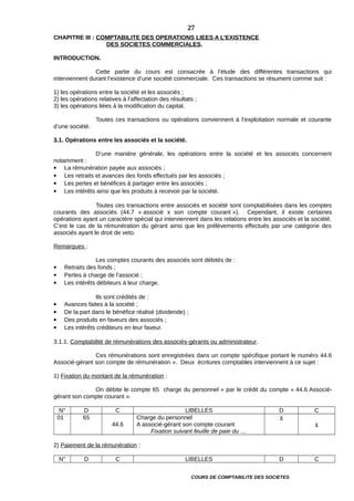CHAPITRE III : COMPTABILITE DES OPERATIONS LIEES A L’EXISTENCE
DES SOCIETES COMMERCIALES.
INTRODUCTION.
Cette partie du cours est consacrée à l’étude des différentes transactions qui
interviennent durant l’existence d’une société commerciale. Ces transactions se résument comme suit :
1) les opérations entre la société et les associés ;
2) les opérations relatives à l’affectation des résultats ;
3) les opérations liées à la modification du capital.
Toutes ces transactions ou opérations conviennent à l’exploitation normale et courante
d’une société.
3.1. Opérations entre les associés et la société.
D’une manière générale, les opérations entre la société et les associés concernent
notamment :
 La rémunération payée aux associés ;
 Les retraits et avances des fonds effectués par les associés ;
 Les pertes et bénéfices à partager entre les associés ;
 Les intérêts ainsi que les produits à recevoir par la société.
Toutes ces transactions entre associés et société sont comptabilisées dans les comptes
courants des associés (44.7 « associé x son compte courant »). Cependant, il existe certaines
opérations ayant un caractère spécial qui interviennent dans les relations entre les associés et la société.
C’est le cas de la rémunération du gérant ainsi que les prélèvements effectués par une catégorie des
associés ayant le droit de veto.
Remarques :
Les comptes courants des associés sont débités de :
 Retraits des fonds ;
 Pertes à charge de l’associé ;
 Les intérêts débiteurs à leur charge.
Ils sont crédités de :
 Avances faites à la société ;
 De la part dans le bénéfice réalisé (dividende) ;
 Des produits en faveurs des associés ;
 Les intérêts créditeurs en leur faveur.
3.1.1. Comptabilité de rémunérations des associés-gérants ou administrateur.
Ces rémunérations sont enregistrées dans un compte spécifique portant le numéro 44.6
Associé-gérant son compte de rémunération ». Deux écritures comptables interviennent à ce sujet :
1) Fixation du montant de la rémunération :
On débite le compte 65 charge du personnel » par le crédit du compte « 44.6 Associé-
gérant son compte courant ».
N° D C LIBELLES D C
01 65
44.6
Charge du personnel
A associé-gérant son compte courant
Fixation suivant feuille de paie du …
x
x
2) Paiement de la rémunération :
N° D C LIBELLES D C
COURS DE COMPTABILITE DES SOCIETES
27
 