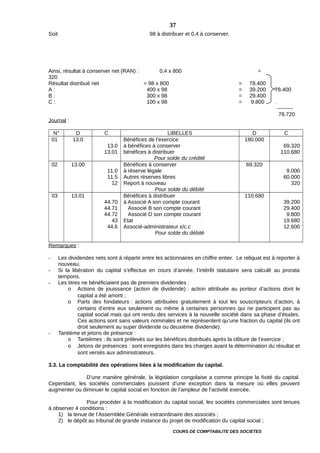 Soit 98 à distribuer et 0,4 à conserver.
Ainsi, résultat à conserver net (RAN) : 0,4 x 800 =
320
Résultat distribué net = 98 x 800 = 78.400
A : 400 x 98 = 39.200 78.400
B : 300 x 98 = 29.400
C : 100 x 98 = 9.800
---------
78.720
Journal :
N° D C LIBELLES D C
01 13.0
13.0
13.01
Bénéfices de l’exercice
à bénéfices à conserver
bénéfices à distribuer
Pour solde du crédité
180.000
69.320
110.680
02 13.00
11.0
11.5
12
Bénéfices à conserver
à réserve légale
Autres réserves libres
Report à nouveau
Pour solde du débité
69.320
9.000
60.000
320
03 13.01
44.70
44.71
44.72
43
44.6
Bénéfices à distribuer
à Associé A son compte courant
Associé B son compte courant
Associé D son compte courant
Etat
Associé-administrateur s/c.c
Pour solde du débité
110.680
39.200
29.400
9.800
19.680
12.600
Remarques :
- Les dividendes nets sont à répartir entre les actionnaires en chiffre entier. Le reliquat est à reporter à
nouveau.
- Si la libération du capital s’effectue en cours d’année, l’intérêt statutaire sera calculé au prorata
temporis.
- Les titres ne bénéficiaient pas de premiers dividendes :
o Actions de jouissance (action de dividende) : action attribuée au porteur d’actions dont le
capital a été amorti ;
o Parts des fondateurs : actions attribuées gratuitement à tout les souscripteurs d’action, à
certains d’entre eux seulement ou même à certaines personnes qui ne participent pas au
capital social mais qui ont rendu des services à la nouvelle société dans sa phase d’études.
Ces actions sont sans valeurs nominales et ne représentent qu’une fraction du capital (ils ont
droit seulement au super dividende ou deuxième dividende).
- Tantième et jetons de présence :
o Tantièmes : ils sont prélevés sur les bénéfices distribués après la clôture de l’exercice ;
o Jetons de présences : sont enregistrés dans les charges avant la détermination du résultat et
sont versés aux administrateurs.
3.3. La comptabilité des opérations liées à la modification du capital.
D’une manière générale, la législation congolaise a comme principe la fixité du capital.
Cependant, les sociétés commerciales jouissent d’une exception dans la mesure où elles peuvent
augmenter ou diminuer le capital social en fonction de l’ampleur de l’activité exercée.
Pour procéder à la modification du capital social, les sociétés commerciales sont tenues
à observer 4 conditions :
1) la tenue de l’Assemblée Générale extraordinaire des associés ;
2) le dépôt au tribunal de grande instance du projet de modification du capital social ;
COURS DE COMPTABILITE DES SOCIETES
37
 