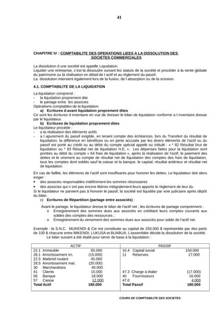 CHAPITRE IV : COMPTABILITE DES OPERATIONS LIEES A LA DISSOLUTION DES
SOCIETES COMMERCIALES
La dissolution d une société est appelle Liquidation.
Liquider une entreprise, c’est la dissoudre suivant les statuts de la société et procéder à la vente globale
du patrimoine ou la réalisation en détail de l actif et au règlement du passif.
La dissolution intervient également lors de la fusion, de l absorption ou de la scission.
4.1. COMPTABILITE DE LA LIQUIDATION
La liquidation comprend :
- la liquidation proprement dite
- le partage entre les associes
Opérations comptables de la liquidation
a) Ecritures d avant liquidation proprement dites
Ce sont les écritures d inventaire en vue de dresser le bilan de liquidation conforme a l inventaire dresse
par le liquidateur.
b) Ecritures de liquidation proprement dites
Le liquidateur procède :
- a la réalisation des éléments actifs
- a l apurement du passif exigible, en tenant compte des échéances. lors du Transfert du résultat de
liquidation, la différence en bénéfices ou en perte accusée par les divers éléments de l’actif ou du
passif est porté au crédit ou au débit du compte spécial appelé ou intitulé : « * 82 Résultat brut de
liquidation ou * 83 Résultat net de liquidation H.E. ». Les dépenses faites pour la liquidation sont
portées au débit du compte « 64 frais de liquidation », après la réalisation de l’actif, le paiement des
dettes et le virement au compte de résultat net de liquidation des comptes des frais de liquidation,
tous les comptes dont soldés sauf la caisse et la banque, le capital, résultat antérieur et résultat net
de liquidation.
En cas de faillite, les éléments de l’actif sont insuffisants pour honorer les dettes. Le liquidateur doit alors
exiger :
 des associes responsables indéfiniment les sommes nécessaires
 des associes qui n ont pas encore libères intégralement leurs apports le règlement de leur du
Si le liquidateur ne parvient pas à honorer le passif, la société est liquidée par voie judiciaire après dépôt
du bilan.
c) Ecritures de Répartition (partage entre associés) :
Avant le partage, le liquidateur dresse le bilan de l’actif net ; les écritures de partage comprennent :
o Enregistrement des sommes dues aux associés en créditant leurs comptes courants aux
soldes des comptes des ressources ;
o Enregistrement du versement des sommes dues aux associés pour solde de l’actif net.
Exemple : la S.N.C. MUKENDI & Cie est constituée au capital de 250.000 $ représentée par des parts
de 100 $ chacune entre MIKENDI, LUKUSA et BUABUA. L’assemblée décide la dissolution de la société.
Le bilan suivant a été établi pour servir de base à la liquidation :
ACTIF PASSIF
22.1 Immeuble 85.000
28.1 Amortissement im. (15.000)
22.5 Matériel roulant 45.000
28.5 Amortissement mat. (20.000)
30 Marchandises 40.000
41 Clients 15.000
56 Banque 18.000
57 Caisse 12.000
Total Actif 180.000
10.4 Capital social 150.000
11 Réserves 27.000
47.3 Charge à étaler (17.000)
40 Fournisseurs 16.000
47.0 4.000
Total Passif 180.000
COURS DE COMPTABILITE DES SOCIETES
41
 