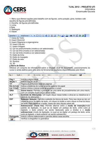 TJ/AL 2012 – PROJETO UTI
Informática
Emannuelle Gouveia
108
1. Menu que oferece opções para trabalho com as figuras, como posição, giros, bordas e até
escolha de figuras pré-definidas.
2. Escolha de figuras pré-definidas
3. Linha
4.Seta
5. Retângulo
6. Elipse
7. Caixa de Texto
8. Inserir Word-Art
9. Inserir Diagrama e organograma
10. Inserir Clip-Art
11. Inserir Imagem
12. Cor do preenchimento (mostra a cor selecionada)
13. Cor da linha (mostra a cor selecionada)
14. Cor da fonte (mostra a cor selecionada)
15. Estilo de linha
16. Estilo do tracejado
17. Estilo da seta
18. Sombra
19. 3D
j) Barra de Status
Oferece um conjunto de informações sobre a situação atual do documento, posicionamento do
cursor e ainda atalhos para uma série de ferramentas auxiliares disponibilizadas pelo Word.
Pág 1 Indica a página atual
Seção 1 Indica a seção atual
1/1 Página atual/Número total de páginas
Em 2,4 cm Indica a distância do cursor a borda superior do papel
Lin 1 Col1 Indica a linha e coluna onde se encontra o cursor
GRA Grava macro: Permite a gravação de uma série de procedimentos em uma macro,
com um simples duplo clique nesse botão.
ALT Controle de Alterações: Um duplo clique nesse botão e ativa-se ou desativa-se o
controle de alterações
EST Estender Seleção: Permite a seleção de blocos de texto. Para isso deve-se dar um
clique no início do bloco de texto, um clique no botão e outro clique no final do bloco
de texto. Para desativar o botão, basta dar dois cliques sobre ele.
SE Sobrescrever (Tecla Ins): Permite alternar entre o modo de inserção(modo
padrão de digitação, no qual ao se digitar um pedaço de texto, entre outro já
digitado, o texto anterior vai sendo deslocado para a direita) e o modo
sobrescrever (modo de digitação, no qual ao se digitar um pedaço de texto, entre
outro já digitado, o texto anterior vai sendo sobrescrito)
Português Indica o idioma selecionado e permite alterar essa escolha
Verifica a ortografia e a gramática
 