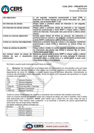 TJ/AL 2012 – PROJETO UTI
Informática
Emannuelle Gouveia
149
não adjacentes e, em seguida, mantenha pressionada a tecla CTRL e
selecione as outras células ou os outros intervalos. Ou , pelo
teclado, use as teclas SHIFT + F8.
Um intervalo de células Clique sobre a primeira célula do intervalo e, em seguida,
arraste até a última.
Um intervalo de células extenso Clique sobre a primeira célula do intervalo e, em seguida,
mantenha pressionada a tecla SHIFT e clique sobre a última
célula do intervalo. Você pode rolar para tornar a última célula
visível.
Linhas ou colunas adjacentes Arraste pelos títulos de linhas ou colunas. Ou selecione a
primeira linha ou coluna e, em seguida, mantenha pressionada
a tecla SHIFT e selecione a última linha ou coluna.
Linhas ou colunas não-adjacentes Selecione a primeira linha ou coluna e, em seguida, mantenha
pressionada a tecla CTRL e selecione as outras linhas ou
colunas.
Todas as células da planilha Clique sobre o botão no canto superior esquerdo da planilha,
na interseção dos títulos das linhas e colunas. Ou no menu
“EditarSelecionar Tudo”
Um número maior ou menor de
células do que o atualmente
selecionado
Mantenha pressionada a tecla SHIFT e clique sobre a última
célula que você deseja incluir na nova seleção. O intervalo
retangular entre a célula ativa e a célula sobre a qual você
clica passa a ser a nova seleção.
No Excel o usuário pode manipular quatro tipos de dados:
a) Números: Os números são os principais tipos de informações em uma planilha, pois com base
neles o Excel faz cálculos e gráficos. Eles podem ser positivos, negativos ou fracionários. Além disso,
dependendo de como for digitado, o número poderá assumir formatos diferentes. Normalmente os
números são alinhados à direita das células. Sinais de adição (+) à esquerda são ignorados e a vírgula
é tratada como decimal.
Ex:
123 Número Positivo
-123 Número Negativo
0,1 Número Decimal
1.234,56 Ponto de milha + Decimal
6 2/3 Número Fracionário
1,00E+02 Notação Científica
Todas as outras combinações de números e caracteres não numéricos são tratadas como texto.
Caso um número possua um tamanho maior que a largura da célula, seu valor é mantido, mas a célula
será preenchida com o caractere ―#####‖ para indicar que a célula tem um valor maior do que é
possível exibir. Para resolver esse ―problema‖, é só aumentar o tamanho da coluna (aprenderemos
como fazer isso ao longo desse material).
Os dados numéricos devem começar por :
Número (0...9)
+ Número positivo
- Número negativo
, Número decimal
() Número negativo
 