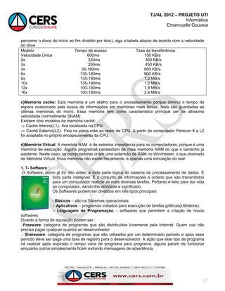 TJ/AL 2012 – PROJETO UTI
Informática
Emannuelle Gouveia
17
percorrer o disco do início ao fim dividido por dois), siga a tabela abaixo de acordo com a velocidade
do drive
Modelo Tempo de acesso Taxa de transferência
Velocidade Única 600ms 150 KB/s
2x 320ms 300 KB/s
3x 250ms 450 KB/s
4x 35-180ms 600 KB/s
6x 135-180ms 900 KB/s
8x 135-180ms 1.2 MB/s
10x 135-180ms 1.5 MB/s
12x 100-180ms 1.8 MB/s
16x 100-180ms 2.4 MB/s
c)Memória cache: Esta memória é um atalho para o processamento porque diminui o tempo de
espera ocasionado pela busca de informações em memórias mais lentas. Nela são guardadas as
últimas memórias do micro. Essa memória tem como característica principal ser de altíssima
velocidade (normalmente SRAM)
Existem dois modelos de memória cachê:
 Cache Interno(L1) fica localizada na CPU.
 Cachê Externo(L2) Fica na placa-mãe ao redor da CPU. A partir do computador Pentium II a L2
foi acoplada no próprio encapsulamento da CPU.
d)Memória Virtual: A memória RAM é de extrema importância para os computadores, porque é uma
memória de execução. Alguns programas necessitam de mais memória RAM do que o tamanho já
existente. Neste caso, os computadores criam uma extensão de RAM no Winchester, o que chamado
de Memória Virtual. Essa memória não existe fisicamente, é apenas uma simulação do real.
1. 7- Software :
O Software, como já for dito antes, é toda parte lógica do sistema de processamento de dados. È
toda parte inteligível. É o conjunto de informações e ordens que são transmitidos
para um computador realizar as mais diversas tarefas. Portanto é feito para dar vida
ao computador, dando-lhe atividade e significado.
Os Softwares podem ser divididos em três tipos principais:
Básicos  são os Sistemas operacionais
 Aplicativos  programas voltados para execução de tarefas gráficas(Utilitários).
 Linguagem de Programação  softwares que permitem a criação de novos
softwares
Quanto à forma de aquisição podem ser ;
Freeware: categoria de programas que são distribuídos livremente pela Internet. Quem usa não
precisa pagar qualquer quantia ao desenvolvedor.
 Shareware: categoria de programas que são utilizados por um determinado período e após esse
período deve ser paga uma taxa de registro para o desenvolvedor. A ação que este tipo de programa
irá realizar após expirado o tempo varia de programa para programa, alguns param de funcionar
enquanto outros simplesmente ficam exibindo mensagens de advertência.
 