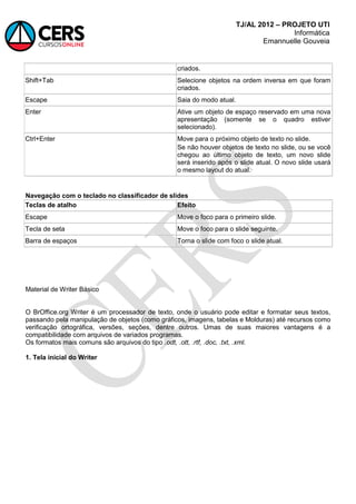 TJ/AL 2012 – PROJETO UTI
Informática
Emannuelle Gouveia
criados.
Shift+Tab Selecione objetos na ordem inversa em que foram
criados.
Escape Saia do modo atual.
Enter Ative um objeto de espaço reservado em uma nova
apresentação (somente se o quadro estiver
selecionado).
Ctrl+Enter Move para o próximo objeto de texto no slide.
Se não houver objetos de texto no slide, ou se você
chegou ao último objeto de texto, um novo slide
será inserido após o slide atual. O novo slide usará
o mesmo layout do atual.
Navegação com o teclado no classificador de slides
Teclas de atalho Efeito
Escape Move o foco para o primeiro slide.
Tecla de seta Move o foco para o slide seguinte.
Barra de espaços Torna o slide com foco o slide atual.
Material de Writer Básico
O BrOffice.org Writer é um processador de texto, onde o usuário pode editar e formatar seus textos,
passando pela manipulação de objetos (como gráficos, imagens, tabelas e Molduras) até recursos como
verificação ortográfica, versões, seções, dentre outros. Umas de suas maiores vantagens é a
compatibilidade com arquivos de variados programas.
Os formatos mais comuns são arquivos do tipo .odt, .ott, .rtf, .doc, .txt, .xml.
1. Tela inicial do Writer
 