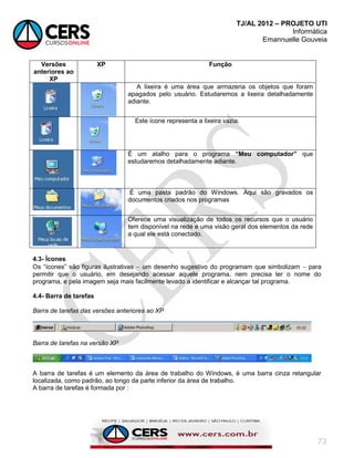 TJ/AL 2012 – PROJETO UTI
Informática
Emannuelle Gouveia
73
Versões
anteriores ao
XP
XP Função
A lixeira é uma área que armazena os objetos que foram
apagados pelo usuário. Estudaremos a lixeira detalhadamente
adiante.
Este ícone representa a lixeira vazia.
É um atalho para o programa “Meu computador” que
estudaremos detalhadamente adiante.
É uma pasta padrão do Windows. Aqui são gravados os
documentos criados nos programas
Oferece uma visualização de todos os recursos que o usuário
tem disponível na rede e uma visão geral dos elementos da rede
a qual ele está conectado.
4.3- Ícones
Os ―ícones‖ são figuras ilustrativas  um desenho sugestivo do programam que simbolizam  para
permitir que o usuário, em desejando acessar aquele programa, nem precisa ler o nome do
programa, e pela imagem seja mais facilmente levado a identificar e alcançar tal programa.
4.4- Barra de tarefas
Barra de tarefas das versões anteriores ao XP
Barra de tarefas na versão XP
A barra de tarefas é um elemento da área de trabalho do Windows, é uma barra cinza retangular
localizada, como padrão, ao longo da parte inferior da área de trabalho.
A barra de tarefas é formada por :
 