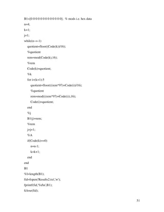 B1=[0 0 0 0 0 0 0 0 0 0 0 0 0]; % mods i.e. hex data
n=4;
k=1;
j=1;
while(n~=-1)
  quotient=floor((Code(k))/16);
  %quotient
  rem=mod(Code(k),16);
  %rem
  Code(k)=quotient;
  %k
  for i=(k+1):5
       quotient=floor(((rem*97)+Code(i))/16);
       %quotient
       rem=mod(((rem*97)+Code(i)),16);
       Code(i)=quotient;
  end
  %j
  B1(j)=rem;
  %rem
  j=j+1;
  %A
  if(Code(k)==0)
       n=n-1;
       k=k+1;
  end
end
B1
%l=length(B1);
fid=fopen('Results2.txt','w');
fprintf(fid,'%dn',B1);
fclose(fid);


                                                       51
 