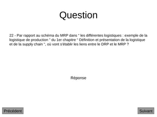 Question
22 - Par rapport au schéma du MRP dans “ les différentes logistiques : exemple de la
logistique de production ” du 1er chapitre “ Définition et présentation de la logistique
et de la supply chain ", où vont s'établir les liens entre le DRP et le MRP ?
Suivant
Réponse
Précédent
 