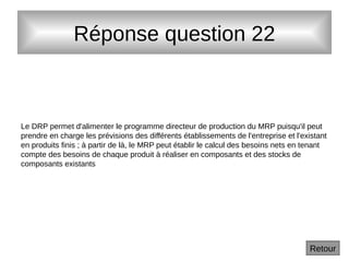 Réponse question 22
Le DRP permet d'alimenter le programme directeur de production du MRP puisqu'il peut
prendre en charge les prévisions des différents établissements de l'entreprise et l'existant
en produits finis ; à partir de là, le MRP peut établir le calcul des besoins nets en tenant
compte des besoins de chaque produit à réaliser en composants et des stocks de
composants existants
Retour
 