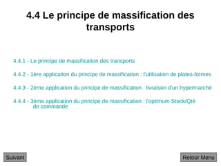 4.4 Le principe de massification des
transports
4.4.1 - Le principe de massification des transports
4.4.2 - 1ère application du principe de massification : l'utilisation de plates-formes
4.4.3 - 2ème application du principe de massification : livraison d'un hypermarché
4.4.4 - 3ème application du principe de massification : l'optimum Stock/Qté
de commande
Suivant Retour Menu
 