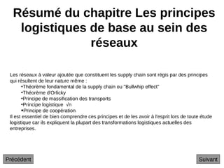 Résumé du chapitre Les principes
logistiques de base au sein des
réseaux
Suivant
Les réseaux à valeur ajoutée que constituent les supply chain sont régis par des principes
qui résultent de leur nature même :
•Théorème fondamental de la supply chain ou "Bullwhip effect"
•Théorème d'Orlicky
•Principe de massification des transports
•Principe logistique √n
Principe de coopération
Il est essentiel de bien comprendre ces principes et de les avoir à l'esprit lors de toute étude
logistique car ils expliquent la plupart des transformations logistiques actuelles des
entreprises.
Précédent
 