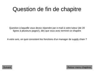 Question de fin de chapitre
Suivant
Question à laquelle vous devez répondre par e-mail à votre tuteur (de 20
lignes à plusieurs pages!), dès que vous avez terminé ce chapitre
A votre avis, en quoi consistent les fonctions d'un manager de supply chain ?
Retour menu chapitres
 