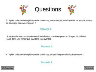 Questions
6 - Après la lecture complémentaire ci-dessus, combien peut-on charger de palettes
Euro dans une remorque standard (savoyarde)
5 - Après la lecture complémentaire ci-dessus, comment peut-on identifier un emplacement
de stockage dans un magasin ?
7 - Après la lecture complémentaire ci-dessus, qu’est-ce qu’un chariot thermique ?
Réponse 5
Réponse 6
Réponse 7
Suivant
Précédent
 
