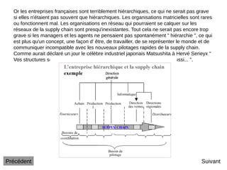 Or les entreprises françaises sont terriblement hiérarchiques, ce qui ne serait pas grave
si elles n'étaient pas souvent que hiérarchiques. Les organisations matricielles sont rares
ou fonctionnent mal. Les organisations en réseau qui pourraient se calquer sur les
réseaux de la supply chain sont presqu'inexistantes. Tout cela ne serait pas encore trop
grave si les managers et les agents ne pensaient pas spontanément " hiérarchie ", ce qui
est plus qu'un concept, une façon d' être, de travailler, de se représenter le monde et de
communiquer incompatible avec les nouveaux pilotages rapides de la supply chain.
Comme aurait déclaré un jour le célèbre industriel japonais Matsushita à Hervé Serieyx "
Vos structures sont hiérarchiques mais le pire est que vos têtes le sont aussi... ".
Suivant
Précédent
 