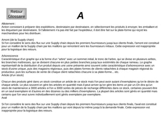 A
Retour
Glossaire
Allotement :
Action consistant à préparer des expéditions, destinataire par destinataire, en sélectionnant les produits à envoyer, les emballant et
les étiquetant par destinataire. Si l'allotement n'a pas été fait par l'expéditeur, il doit être fait sur la plate-forme qui reçoit les
marchandises pour les distribuer.
Amont (de la Supply chain)
Si l'on considère le sens des flux sur une Supply chain depuis les premiers fournisseurs jusqu'aux clients finals, l'amont est constitué
pour un maillon de la Supply chain par les maillons qui remontent vers les fournisseurs initiaux. Cette expression est inappropriée
pour la logistique des retours.
Arborescence
Caractéristique d'un graphe qui a la forme d'un "arbre" avec un sommet initial, le tronc de l'arbre, qui se divise en plusieurs arêtes,
les branches maîtresses, qui se divisent chacune en plus petites branches jusqu'aux extrémités de chaque rameau. Le graphe
représentatif de la distribution d'un produit depuis une usine présente ainsi souvent cette caractéristique d'arborescence avec un
stock d'usine unique, puis des magasins régionaux, puis des plates formes de clients rattachées à chaque magasin régional du
producteur, puis les surfaces de vente de chaque client rattachées chacune à sa plate-forme... etc.
Article (d'un stock)
Chacun des produits géré dans un stock constitue un article de ce stock mais l'on peut avoir autant d'exemplaires qu'on le désire de
chaque article. Le plus souvent on gère les articles en quantité mais il peut arriver qu'on gère les items un par un.On dira qu'un
stock de maintenance a 3000 articles si l'on a 3000 sortes de pièces de rechange différentes dans ce stock, certaines pouvant être
en un seul exemplaire et d'autres en des dizaines ou des milliers d'exemplaires. La plupart des articles sont gérés en quantité mais
certains que l'on veut suivre individuellement sont gérés exemplaire par exemplaire.
Aval
Si l'on considère le sens des flux sur une Supply chain depuis les premiers fournisseurs jusqu'aux clients finals, l'aval est constitué
pour un maillon de la Supply chain par les maillons qui vont depuis lui même jusqu'à la demande finale. Cette expression est
inappropriée pour la logistique des retours.
 