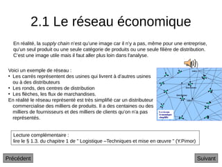 2.1 Le réseau économique
En réalité, la supply chain n’est qu’une image car il n’y a pas, même pour une entreprise,
qu’un seul produit ou une seule catégorie de produits ou une seule filière de distribution.
C’est une image utile mais il faut aller plus loin dans l'analyse.
Voici un exemple de réseau :
• Les carrés représentent des usines qui livrent à d’autres usines
ou à des distributeurs
• Les ronds, des centres de distribution
• Les flèches, les flux de marchandises.
En réalité le réseau représenté est très simplifié car un distributeur
commercialise des milliers de produits. Il a des centaines ou des
milliers de fournisseurs et des milliers de clients qu’on n’a pas
représentés.
Lecture complémentaire :
lire le § 1.3. du chapitre 1 de " Logistique –Techniques et mise en œuvre " (Y.Pimor)
Suivant
Précédent
 