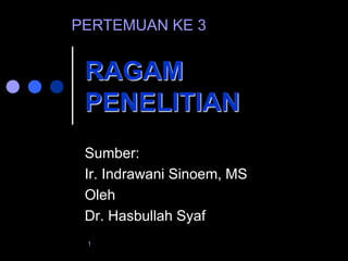 1
RAGAM
PENELITIAN
Sumber:
Ir. Indrawani Sinoem, MS
Oleh
Dr. Hasbullah Syaf
PERTEMUAN KE 3
 