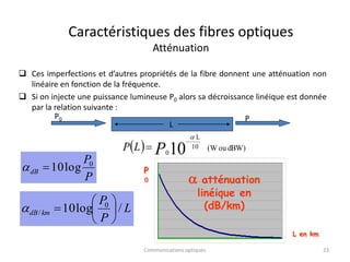 Ces imperfections et d’autres propriétés de la fibre donnent une atténuation non
linéaire en fonction de la fréquence.
 Si on injecte une puissance lumineuse P0 alors sa décroissance linéique est donnée
par la relation suivante :
  dBW)
ou
(W
10 10
L
0
a

 P
L
P
a atténuation
linéique en
(dB/km)
P
0
L en km
Caractéristiques des fibres optiques
Atténuation
P
P
dB
0
log
10

a
L
P0 P
23
Communications optiques
L
P
P
km
dB /
log
10 0
/ 






a
 
