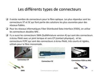 Les différents types de connecteurs
 Il existe nombre de connecteurs pour la fibre optique. Les plus répandus sont les
connecteurs ST et SC qui font partie des solutions les plus courantes pour des
réseaux fiables.
 Pour les réseaux informatiques Fiber Distributed Data Interface (FDDI), on utilise
les connecteurs doubles MIC .
 Il y a aussi les connecteurs SMA (SubMiniature version A) qui sont des connecteurs
à écrou fileté avec un joint torique et sans CP (contact physique), et les
connecteurs FCPC qui sont des connecteurs à écrou fileté, très courts et rigides,
utilisés pour la fibre monomode.
Communications optiques 36
Connecteur ST
Connecteur SC Connecteur FDDI ou MIC
SMA
FCPC
 