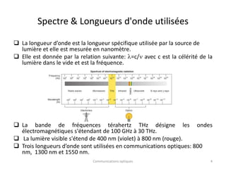 Spectre & Longueurs d'onde utilisées
 La longueur d’onde est la longueur spécifique utilisée par la source de
lumière et elle est mesurée en nanomètre.
 Elle est donnée par la relation suivante: l=c/n avec c est la célérité de la
lumière dans le vide et est la fréquence.
 La bande de fréquences térahertz THz désigne les ondes
électromagnétiques s'étendant de 100 GHz à 30 THz.
 La lumière visible s'étend de 400 nm (violet) à 800 nm (rouge).
 Trois longueurs d’onde sont utilisées en communications optiques: 800
nm, 1300 nm et 1550 nm.
4
Communications optiques
 
