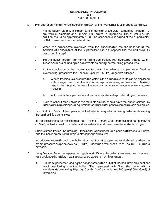 Recommended Procedures For Laying Up Boilers