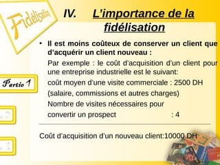 • Il est moins coûteux de conserver un client que
d’acquérir un client nouveau :
Par exemple : le coût d’acquisition d’un client pour
une entreprise industrielle est le suivant:
coût moyen d’une visite commerciale : 2500 DH
(salaire, commissions et autres charges)
Nombre de visites nécessaires pour
convertir un prospect : 4
Coût d’acquisition d’un nouveau client:10000 DH
IV. L’importance de la
fidélisation
 