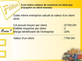 Cette même entreprise calcule la valeur d’un client
ainsi:
CA annuel moyen par client : 37750 DH
Fidélité moyenne par client : 2
Marge bénéficiaire de l’entreprise : 10%
Valeur d’un client : 7750 DH
Il est moins coûteux de conserver un client que
d’acquérir un client nouveau
 