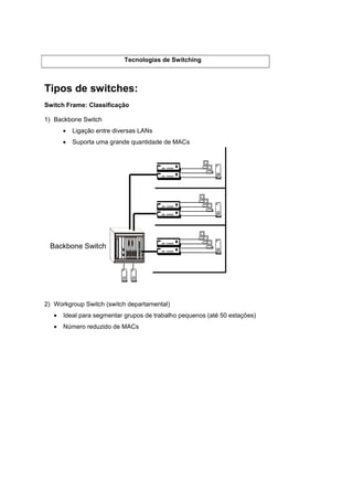 Tecnologias de Switching



Tipos de switches:
Switch Frame: Classificação

1) Backbone Switch
       •   Ligação entre diversas LANs
       •   Suporta uma grande quantidade de MACs




 Backbone Switch




2) Workgroup Switch (switch departamental)
   •   Ideal para segmentar grupos de trabalho pequenos (até 50 estações)
   •   Número reduzido de MACs
 