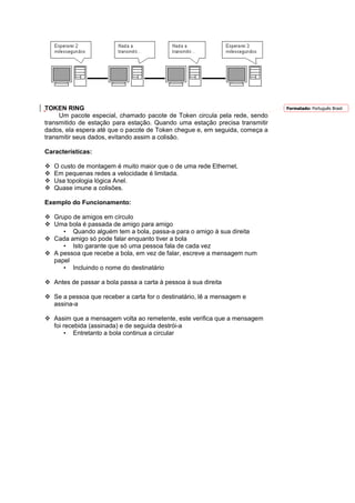 TOKEN RING                                                                   Formatado: Português Brasil
     Um pacote especial, chamado pacote de Token circula pela rede, sendo
transmitido de estação para estação. Quando uma estação precisa transmitir
dados, ela espera até que o pacote de Token chegue e, em seguida, começa a
transmitir seus dados, evitando assim a colisão.

Características:

   O custo de montagem é muito maior que o de uma rede Ethernet.
   Em pequenas redes a velocidade é limitada.
   Usa topologia lógica Anel.
   Quase imune a colisões.

Exemplo do Funcionamento:

   Grupo de amigos em círculo
   Uma bola é passada de amigo para amigo
      • Quando alguém tem a bola, passa-a para o amigo à sua direita
   Cada amigo só pode falar enquanto tiver a bola
      • Isto garante que só uma pessoa fala de cada vez
   A pessoa que recebe a bola, em vez de falar, escreve a mensagem num
   papel
      • Incluindo o nome do destinatário

   Antes de passar a bola passa a carta à pessoa à sua direita

   Se a pessoa que receber a carta for o destinatário, lê a mensagem e
   assina-a

   Assim que a mensagem volta ao remetente, este verifica que a mensagem
   foi recebida (assinada) e de seguida destrói-a
       • Entretanto a bola continua a circular
 