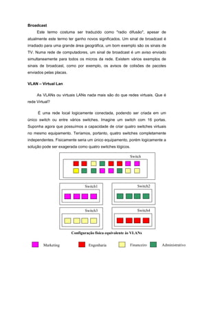 Broadcast
     Este termo costuma ser traduzido como "radio difusão", apesar de
atualmente este termo ter ganho novos significados. Um sinal de broadcast é
irradiado para uma grande área geográfica, um bom exemplo são os sinais de
TV. Numa rede de computadores, um sinal de broadcast é um aviso enviado
simultaneamente para todos os micros da rede. Existem vários exemplos de
sinais de broadcast, como por exemplo, os avisos de colisões de pacotes
enviados pelas placas.

VLAN – Virtual Lan

     As VLANs ou virtuais LANs nada mais são do que redes virtuais. Que é
rede Virtual?

      É uma rede local logicamente conectada, podendo ser criada em um
único switch ou entre vários switches. Imagine um switch com 16 portas.
Suponha agora que possuímos a capacidade de criar quatro switches virtuais
no mesmo equipamento. Teríamos, portanto, quatro switches completamente
independentes. Fisicamente seria um único equipamento, porém logicamente a
solução pode ser exagerada como quatro switches lógicos.

                                                          Switch




                                Switch1
                                Switch                        Switch2
                                                              Switch




                                Switch3                       Switch4




                         Configuração física equivalente às VLANs


         Marketing                Engenharia              Financeiro    Administrativo
 