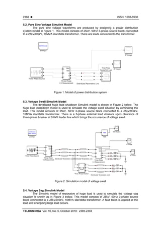  ISSN: 1693-6930
TELKOMNIKA Vol. 16, No. 5, October 2018: 2385-2394
2388
5.2. Pure Sine Voltage Simulink Model
The pure sine voltage waveforms are produced by designing a power distribution
system model in Figure 1. This model consists of 25kV, 50Hz 3-phase source block connected
to a 25kV/0.6kV, 10MVA star/delta transformer. There are loads connected to the transformer.
Figure 1. Model of power distribution system
5.3. Voltage Swell Simulink Model
The developed huge load shutdown Simulink model is shown in Figure 2 below. The
huge load closedown model is used to simulate the voltage swell situation by eliminating the
load. This model consists of 25kV, 50Hz 3-phase source block connected to a 25kV/0.6kV,
10MVA star/delta transformer. There is a 3-phase external load clossure upon clearance of
three-phase breaker at 0.6kV feeder line which brings the occurrence of voltage swell.
Figure 2. Simulation model of voltage swell
5.4. Voltage Sag Simulink Model
The Simulink model of restorative of huge load is used to simulate the voltage sag
situation is shown as in Figure 3 below. This model consists of 25kV, 50Hz 3-phase source
block connected to a 25kV/0.6kV, 10MVA star/delta transformer. A fault block is applied at the
load and energizing large load occurs.
 