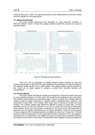 ISSN: 1693-6930
TELKOMNIKA Vol. 16, No. 5, October 2018: 2385-2394
2390
sampling frequency is 12kHz. The signals generated by both mathematical and Simulink models
are then analyzed by using spectrogram.
6.1. Mathematical Models
The power quality disturbances are generated by using parametric equations in
MATLAB software. Figure 5 shows the voltage variations waveforms produced by using the
equations stated.
Figure 5. PQ disturbances waveforms
There are a lot of advantages of voltage variation signals modeling by using the
mathematical equation in MATLAB.The signal waveforms and parameter are almost identical to
the realpower quality signals occur in power system. The voltage variation signals simulated by
this model can be easily applied in analysis to extract their distinctive features and
characteristics.
6.2. Simulink Models
The power quality disturbances signals are produced by using the Simulink introduced
by using sampling frequency of 12kHz. Each PQ waveforms are captured at the scope block.
The 3-phase normal voltage sine waveforms graph is shown in Figure 6(a). Voltage swell are
usually caused by surges, restorative of capacitor banks, unbalanced faults, transients, and
clowndown of large loads. In the voltage swell model, load is removed to simulate the swell
situation. The 3-phase voltage swell waveforms obtained is shown in Figure 6(b). The load
closedown occurs at 0.05s and switched on at 0.15s (5 cycles) with the help of three-phase
circuit breaker. When the circuit breaker is switched on, the circuit is then connected back to
large load, thus the voltage in all phases return to original waveforms. Fault is one of the causes
to cause voltage and the 3-phase waveforms simulated are shown as in Figure 6(c). The fault
occurs at 0.05s and cleared at 0.15s (5 cycles) after the fault is removed at 0.15s, the voltage in
all phases return to original form. The voltage interruption is created due to permanent fault and
the waveforms are shown in Figure 6(d). The permanent fault is applied at 0.05s and cleared as
 