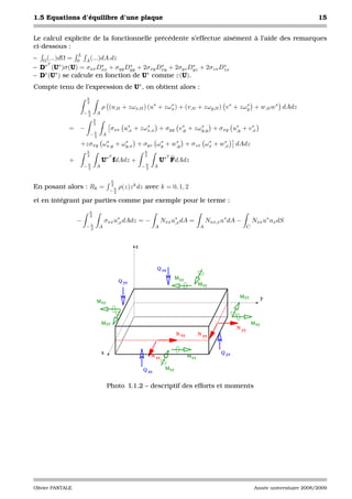 1.5 Equations d’équilibre d’une plaque                                                                                                         15


Le calcul explicite de la fonctionnelle précédente s’effectue aisément à l’aide des remarques
ci-dessous :
                  L
– Ω (...)dΩ = 0 A (...)dA.dz
    T
– D∗ (U∗ )σ (U) = σxx Dxx + σyy Dyy + 2σxy Dxy + 2σyz Dyz + 2σzx Dzx
                       ∗         ∗          ∗          ∗          ∗
   ∗    ∗                              ∗
– D (U ) se calcule en fonction de U comme ε(U).
Compte tenu de l’expression de U∗ , on obtient alors :
                      h
                      2
                                   ρ (u,tt + zωx,tt ) (u∗ + zωx ) + (v,tt + zωy,tt ) v ∗ + zωy + w,tt w∗ dAdz
                                                              ∗                              ∗
                      −h
                       2
                               A
                           h
                           2
             = −                        σxx u∗ + zωx,x + σyy v,y + zωy,y + σxy u∗ + v,x
                                             ,x
                                                   ∗          ∗      ∗
                                                                                ,y
                                                                                     ∗
                       −h
                        2
                                   A
                         ∗      ∗          ∗    ∗         ∗    ∗
                  +zσxy ωx,y + ωy,x + σyz ωy + w,y + σzx ωx + w,x                                         dAdz
                      h                                  h
                      2                T                 2             T
             +                     U∗ fdAdz +                       U∗ FdAdz
                      −h
                       2
                               A                         −h
                                                          2
                                                                A


                                          h
En posant alors : Rk =                 −h
                                          2
                                              ρ(z)z k dz avec k = 0, 1, 2
                                        2

et en intégrant par parties comme par exemple pour le terme :
                       h
                       2
                  −                 σxx u∗ dAdz = −
                                         ,x                         Nxx u∗ dA =
                                                                         ,x                   Nxx,x u∗ dA −          Nxx u∗ nx dS
                      −h
                       2
                               A                                A                         A                      C



                                                     z


                                                                Q zx
                                                                            M xx
                                              Q yz
                                                                                          M xy

                                                                                                           M yy             y
                               M xy



                                   M yy                                                                              M xy
                                                                                                          N yy
                                                                            N xy          N yx


                                   x                                                               Q yz
                                                              N xx                 M xx

                                                         Q zx        M xy


                                       Photo I.1.2 – descriptif des efforts et moments




Olivier PANTALE                                                                                                       Année universitaire 2008/2009
 