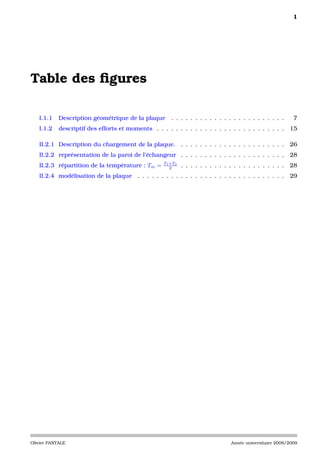 1




Table des ﬁgures

   I.1.1    Description géométrique de la plaque       . . . . . . . . . . . . . . . . . . . . . . . .      7
   I.1.2    descriptif des efforts et moments . . . . . . . . . . . . . . . . . . . . . . . . . . .        15

   II.2.1 Description du chargement de la plaque. . . . . . . . . . . . . . . . . . . . . . .              26
   II.2.2 représentation de la paroi de l’échangeur . . . . . . . . . . . . . . . . . . . . . .            28
                                                    T1 +T2
   II.2.3 répartition de la température : Tm =         2     . . . . . . . . . . . . . . . . . . . . . .   28
   II.2.4 modélisation de la plaque . . . . . . . . . . . . . . . . . . . . . . . . . . . . . . .          29




Olivier PANTALE                                                                  Année universitaire 2008/2009
 