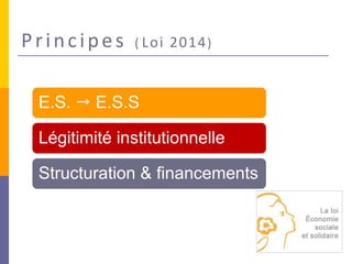 Principes ( Loi 2014)
E.S.  E.S.S
Légitimité institutionnelle
Structuration & financements
 