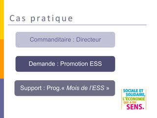 Cas pratique
Commanditaire : Directeur
Demande : Promotion ESS
Support : Prog.« Mois de l’ESS »
 