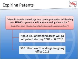 Expiring Patents
15
“Many branded-name drugs lose patent protection will leading
to a WAVE of generic medications entering the market”
(Quoted from Article “Flooded Generic Pipeline Looms as Branded Patents Expire”)
About 183 of branded drugs will go
off patent starting 2009 until 2013
$60 billion worth of drugs are going
off by 2011
 