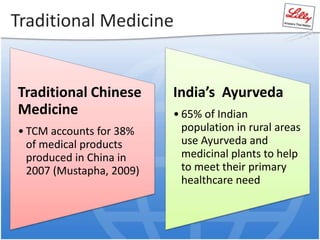 Traditional Medicine
Traditional Chinese
Medicine
• TCM accounts for 38%
of medical products
produced in China in
2007 (Mustapha, 2009)
India’s Ayurveda
• 65% of Indian
population in rural areas
use Ayurveda and
medicinal plants to help
to meet their primary
healthcare need
 