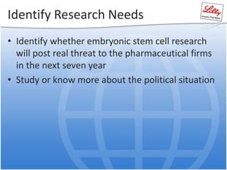 Identify Research Needs
• Identify whether embryonic stem cell research
will post real threat to the pharmaceutical firms
in the next seven year
• Study or know more about the political situation
 