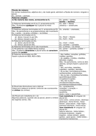 Flexão de número
Os nomes (substantivo, adjetivo etc.), de modo geral, admitem a flexão de número: singular e
plural.
Ex.: animal − animais
Palavras simples
1) Na maioria das vezes, acrescenta-se S.                 Ex.: ponte − pontes
                                                          bonito − bonitos
2) Palavras terminadas em R ou Z: acrescenta-se ES.       Ex.: éter − éteres
Obs.: O pronome qualquer faz o plural no meio:            avestruz − avestruzes
quaisquer.
3) Palavras oxítonas terminadas em S: acrescenta-se ES. Ex.: ananás − ananases,
Obs.: As paroxítonas e as proparoxítonas são invariáveis.
Ex.: o pires − os pires, o ônibus − os ônibus
4) Palavras terminadas em IL:
    a) átono: trocam IL por EIS.                          Ex.: fóssil − fósseis
    b) tônico: trocam L por S.                            Ex.: funil − funis
5) Palavras terminadas em EL:
    a) átono: plural em EIS.                              Ex.: nível − níveis
    b) tônico: plural em ÉIS.                             Ex.: carretel − carretéis
6) Palavras terminadas em X são invariáveis.              Ex.: o clímax − os clímax
7) Há palavras cuja sílaba tônica avança.                 Ex.: júnior − juniores; caráter −
Obs.: A palavra caracteres é plural tanto de caractere caracteres
quanto de caráter.
8) Palavras terminadas em ÃO                              - ões: balões, corações, grilhões,
Fazem o plural em ÃOS, ÃES e ÕES.                         melões, gaviões.
                                                          - ãs: pagãos, cristãos, cidadãos,
                                                          bênçãos, órgãos.
                                                          Obs.: Os paroxítonos, como os dois
                                                          últimos, sempre fazem o plural em
                                                          ÃOS.
                                                          - ães: escrivães, tabeliães,
                                                          capelães, capitães, alemães
                                                          - õs ou ãos: corrimões/corrimãos,
                                                          verões/verãos, anões/anãos
                                                          - ões ou ães: charlatões/charlatães,
                                                          guardiões/guardiães,
                                                          cirugiões/cirurgiães
                                                          - ões, ãos ou ães:
                                                          anciões/anciãos/anciães,
                                                          ermitões/ermitãos/ermitães
9) Plural dos diminutivos com a letra z                   Ex.: coraçãozinho
Coloca-se a palavra no plural, corta-se o s e acrescenta- corações → coraçõe →
se zinhos (ou zinhas).                                    coraçõezinhos
                                                          azulzinha
                                                          azuis → azui → azuizinhas
10) Plural com metafonia (ô → ó)                          Com metafonia  singular (ô)
Algumas palavras, quando vão ao plural, abrem o timbre plural (ó):
da vogal o; outras, não.                                  coro coros ; corvo corvos ; destroço
                                                          destroços ; forno fornos ; fosso
                                                          fossos ; poço poços ; rogo rogos ;
                                                          tremoço tremoços ; troco trocos
                                                          Sem metafonia  singular (ô)
                                                          plural (ô):
                                                          adorno adornos ; bolso bolsos ;
                                                          endosso endossos ; esgoto
                                                          esgotos ; estojo estojos ; gosto
                                                          gostos ; gozo gozos ; toldo toldos ;
                                                          transtorno transtornos
 