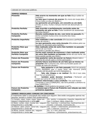 cobrado em concursos públicos.

TEMPOS VERBAIS
Presente                     fato ocorre no momento em que se fala (Ouço ruídos na
                             cozinha.);
                             ou fato que é comum de ocorrer (Eu morro de inveja dele. /
                             Chove todos os dias em Belém.);
                             ou apresenta um princípio, um conceito ou um dado
                             (Todos os anos, muitas crianças morrem de desnutrição no
                             Brasil.)
Pretérito Perfeito           fato ocorrido e perfeitamente concluído antes do
                             momento em que se fala (Todos souberam do assassinato
                             de Celso Daniel.)
Pretérito Perfeito           Denota continuidade do ato, com início no passado (Eu
Composto                     tenho cometido muitos erros na escolha dos meus
                             namorados.)
Pretérito Imperfeito         fato realizado e não concluído (Ele buscava a perfeição
                             antes de morrer.)
                             ou que apresenta uma certa duração (Ele andava pela rua
                             quando foi abordado pelos ladrões.)
Pretérito Mais que           fato realizado antes de outro fato também no passado
Perfeito                     (Antes de sua morte,
                             ele pedira o perdão aos filhos.)
Pretérito Mais que           Forma mais comum de expressar o fato realizado antes
Perfeito Composto            de outro fato também no passado (Antes de sua morte, ele
                             tinha pedido perdão aos filhos.)
Futuro do Presente           fato posterior certo de ocorrer no futuro (Doarei todo o
                             material de estudo após a minha aprovação.)
Futuro do Presente           denota futura ocorrência de um fato que se iniciou no
Composto                     presente (Até o próximo ano, terei acumulado quase um
                             milhão de reais em dívidas.)
Futuro do Pretérito        1)         fato posterior a um fato passado (Você me garantiu
                             [FATO PASSADO] que o nosso amor não morreria [FATO
                             FUTURO EM RELAÇÃO AO FATO PASSADO].);
                           2)         fato não chegou a se realizar (Eu iria à sua casa,
                             mas tive um problema.);
                           3)         também pode denotar incerteza (“Acharam um
                             corpo que seria do chefe do tráfico.”),
                           hipótese relacionada a uma condição (“Se você tivesse
                             comprado o carro [CONDIÇÃO], não teria perdido o dinheiro no
                             jogo [HIPÓTESE].”)
                           ou polidez (“Você poderia me passar o sal?”).
Futuro do Pretérito          o mesmo que o Futuro do Pretérito com relação aos dois
Composto                     primeiros aspectos.

VERBOS IRREGULARES COMUNS EM CONCURSOS
É importante saber a conjugação dos verbos que seguem. Eles estão conjugados apenas nas
pessoas, tempos e modos mais problemáticos.
1) Compor, repor, impor, expor, depor etc.: Ex.: ponho → componho, imponho, deponho etc.
seguem integralmente o verbo pôr.               pus → compus, repus, expus etc.
2) Deter, conter, reter, manter etc.: seguem Ex.: tivermos → contivermos, mantivermos etc.
integralmente o verbo ter.                      tiveste → retiveste, mantiveste etc.
3) Intervir, advir, provir, convir etc.: seguem Ex.: vierem → intervierem, provierem etc.
integralmente o verbo vir.                      vim → intervim, convim etc
4) Rever, prever, antever etc.: seguem          Ex.: vi → revi, previ etc.
integralmente o verbo ver.                      víssemos → prevíssemos, antevíssemos etc.
 